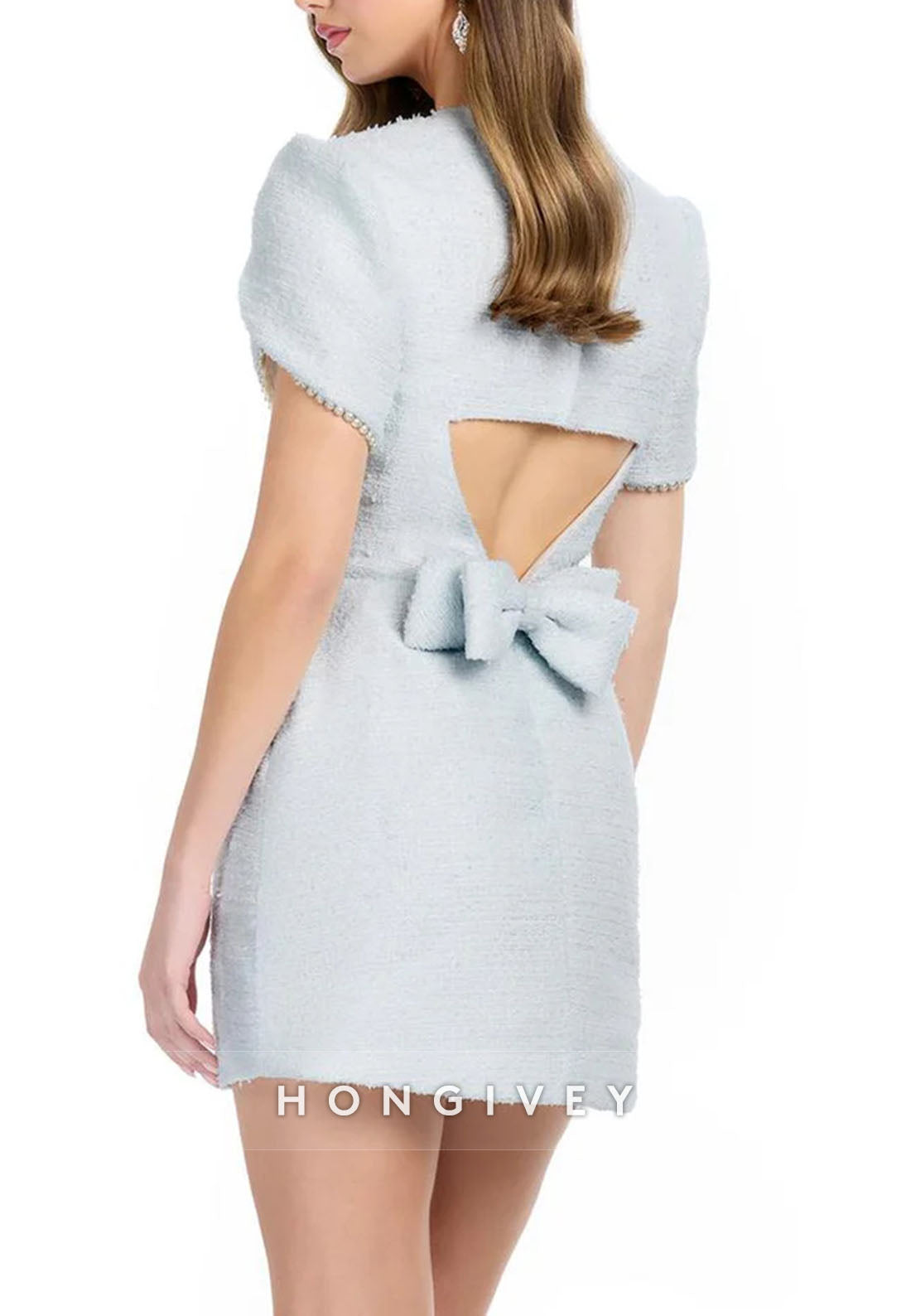 Short Sleeves Sheath Mini Homecoming Dress Bow Detail Cocktail Dress