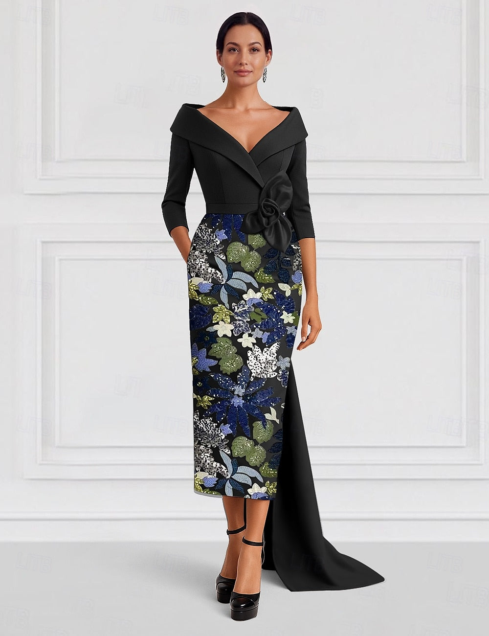 Tea-Length V-Neck 3/4 Sleeve Mermaid Flower Evening Dress Sparkle