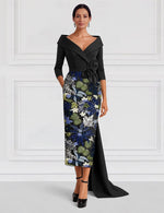 Tea-Length V-Neck 3/4 Sleeve Mermaid Flower Evening Dress Sparkle