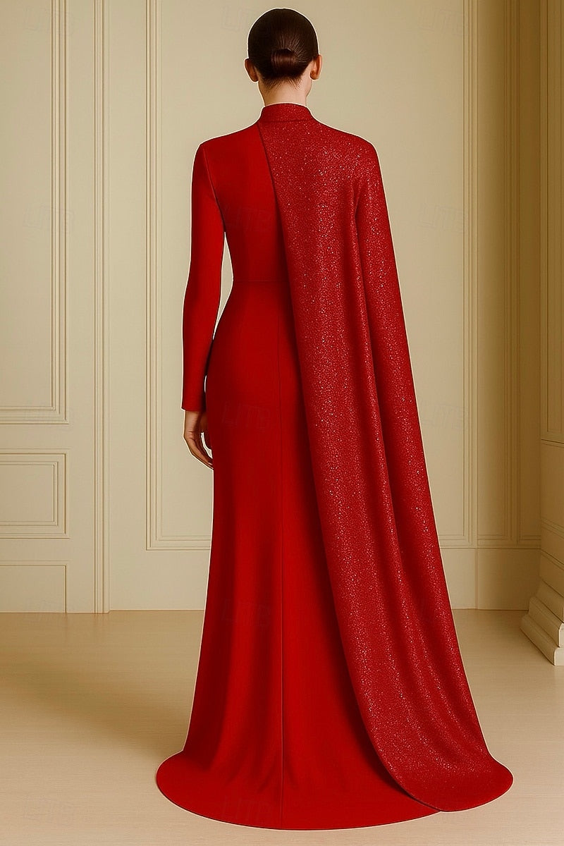 Side Draping Trumpet High Neck Long Sleeve Glittering Evening Gown with Cape
