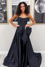 A Line Satin Crystal Prom Dresses Long Sweetheart Black Evening Gowns with Bowknot
