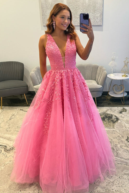 A Line Tulle Appliqued Prom Dresses Long Elegant V Neck Evening Party Gowns for Women