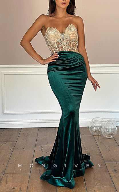 L2666 - Sweetheart Strapless Illusion Beaded Appliques With Train Party Prom Evening Dress