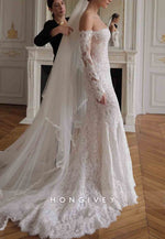 Lace Off the Shoulder Long Sleeves Back Zipper Trumpet Wedding Dresses