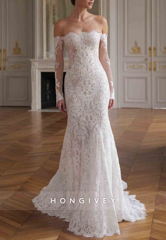 Lace Off the Shoulder Long Sleeves Back Zipper Trumpet Wedding Dresses