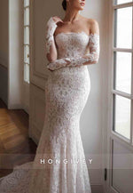 Lace Off the Shoulder Long Sleeves Back Zipper Trumpet Wedding Dresses