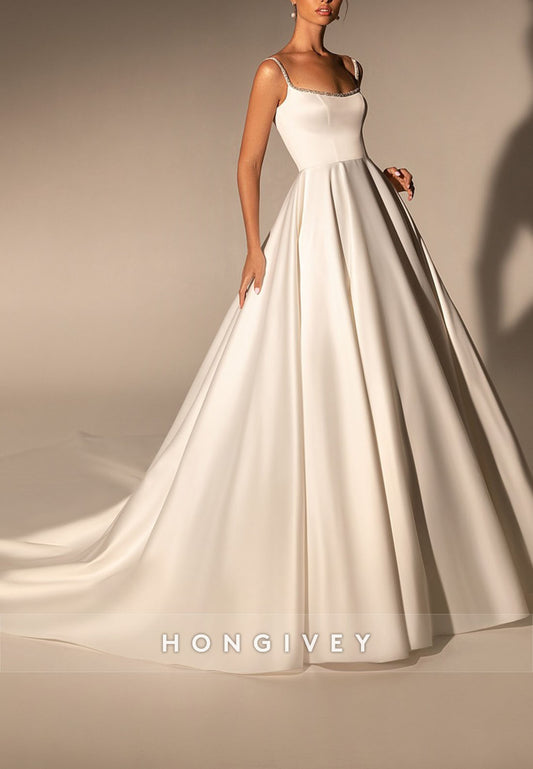 Elegant Pleated Regular Straps Simple Satin Empire Wedding Dresses