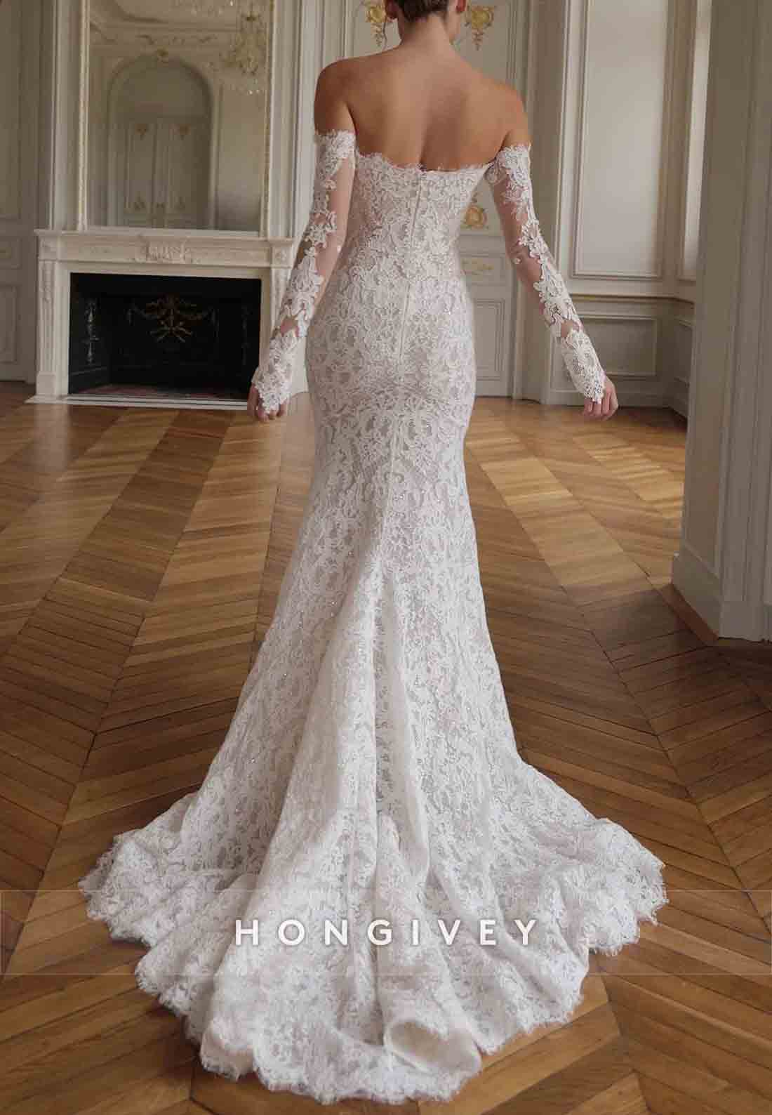 Lace Off the Shoulder Long Sleeves Back Zipper Trumpet Wedding Dresses