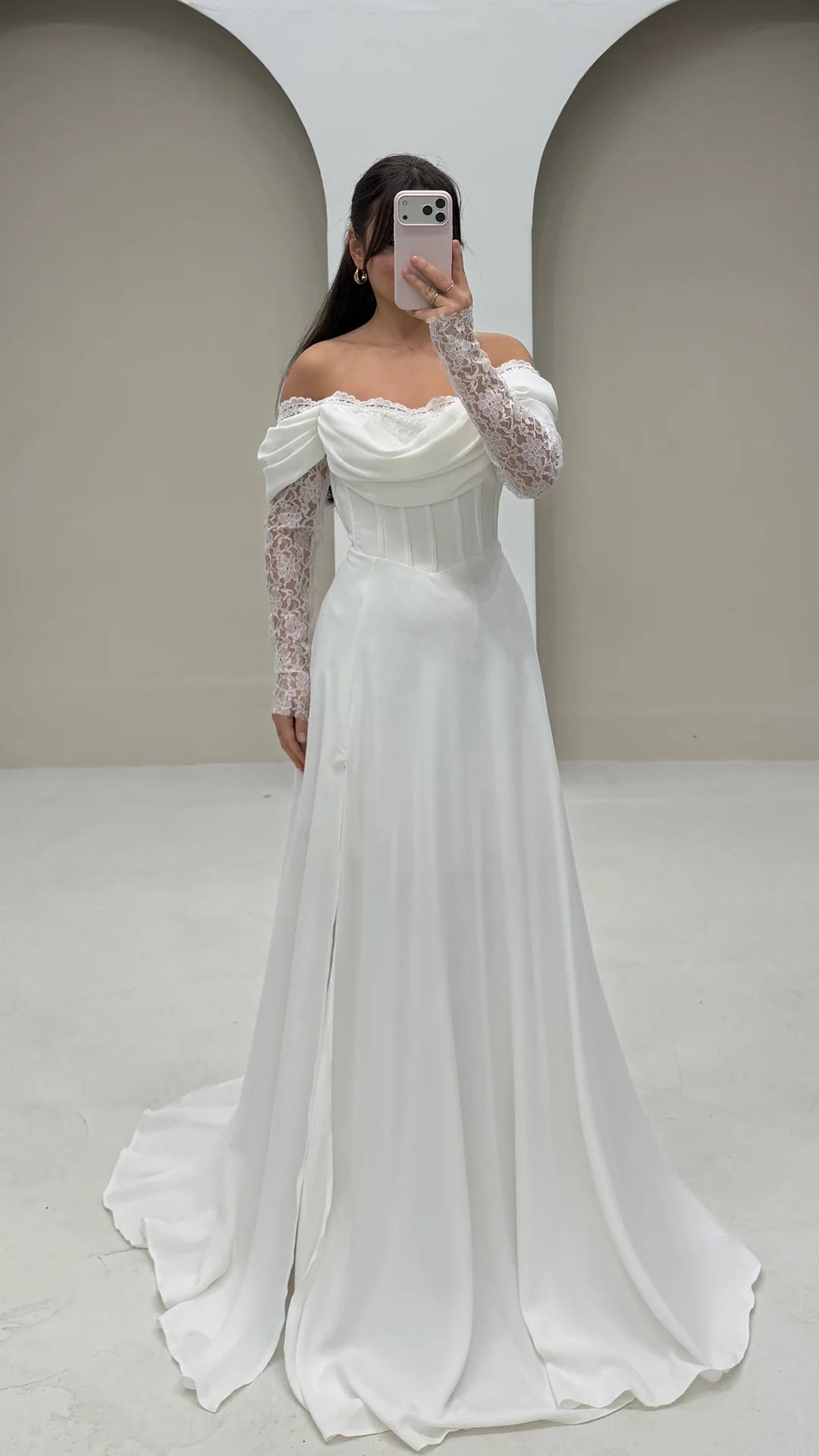 Off the Shoulder Lace Long Sleeve A-Line Floor-Length Evening Dress