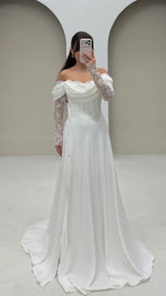 Off the Shoulder Lace Long Sleeve A-Line Floor-Length Evening Dress