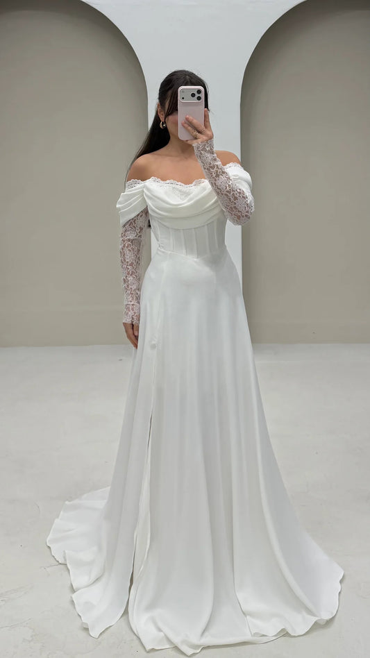 Off the Shoulder Lace Long Sleeve A-Line Floor-Length Evening Dress