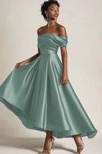 Olive A-Line Off the Shoulder Ruched Satin Long Mother of the Bride Dress