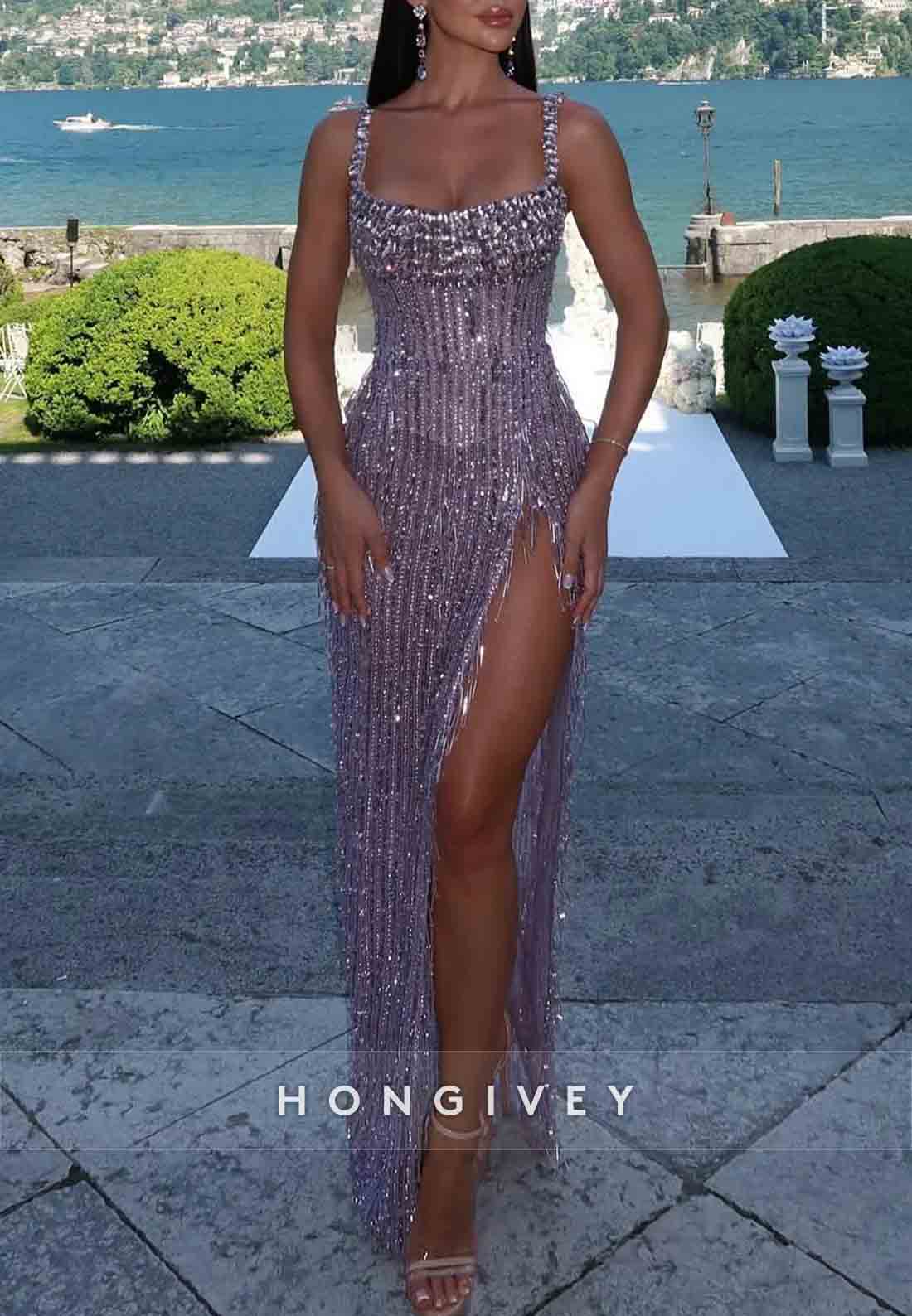 Sparkly Square Neck Sheath Floor-Length Prom Dresses with Tassel