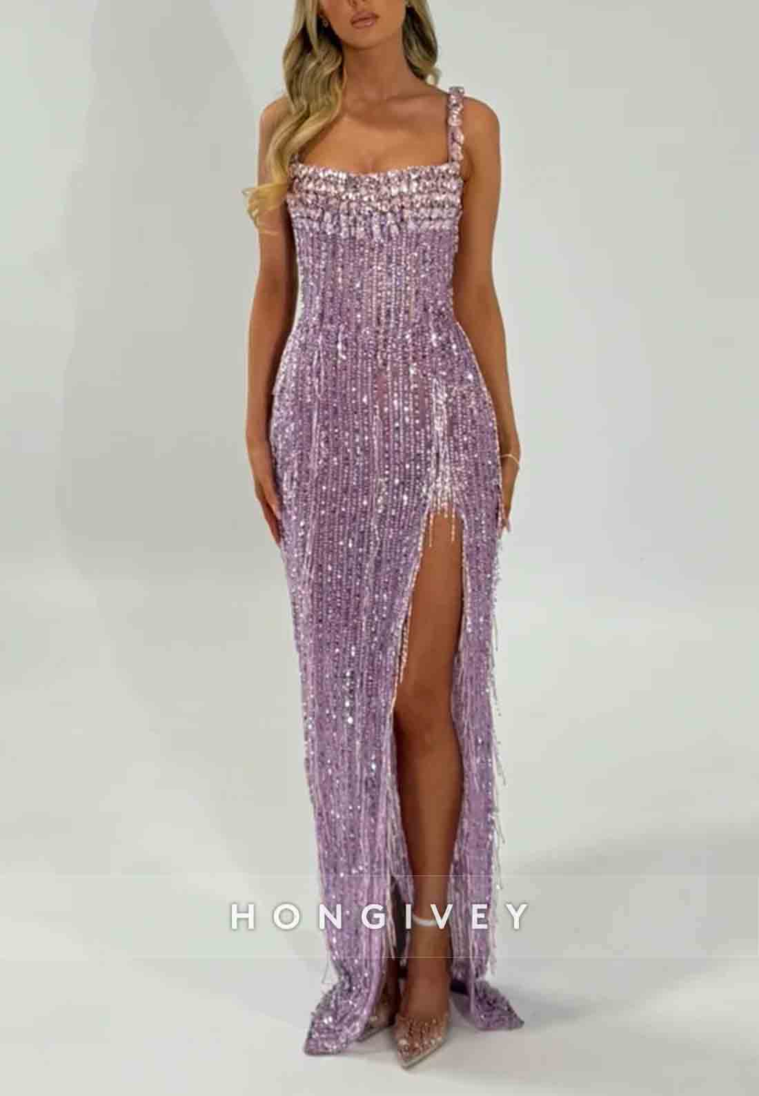 Sparkly Square Neck Sheath Floor-Length Prom Dresses with Tassel