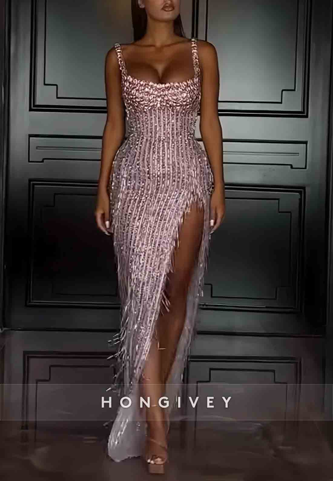 Sparkly Square Neck Sheath Floor-Length Prom Dresses with Tassel