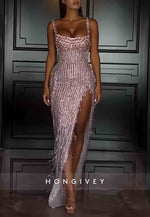 Sparkly Square Neck Sheath Floor-Length Prom Dresses with Tassel