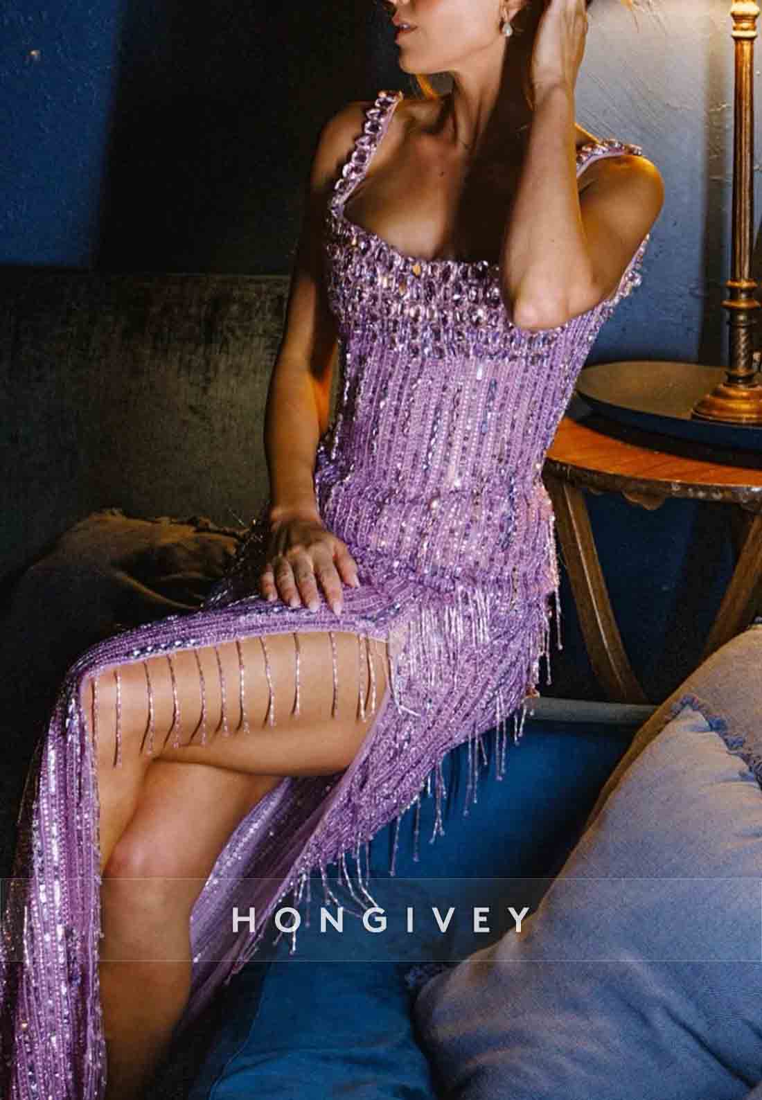 Sparkly Square Neck Sheath Floor-Length Prom Dresses with Tassel