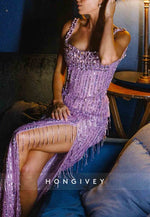 Sparkly Square Neck Sheath Floor-Length Prom Dresses with Tassel