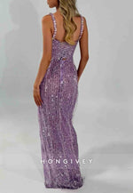 Sparkly Square Neck Sheath Floor-Length Prom Dresses with Tassel