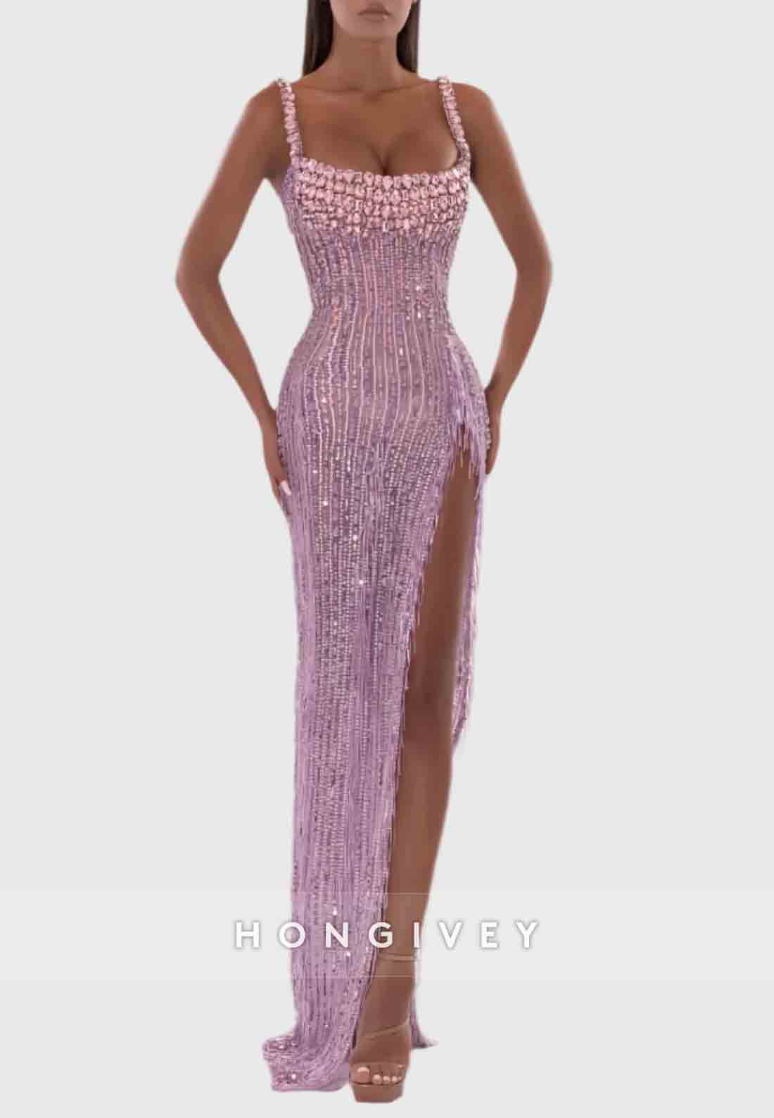 Sparkly Square Neck Sheath Floor-Length Prom Dresses with Tassel