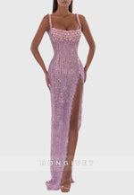 Sparkly Square Neck Sheath Floor-Length Prom Dresses with Tassel