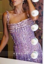 Sparkly Square Neck Sheath Floor-Length Prom Dresses with Tassel