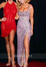 Sparkly Square Neck Sheath Floor-Length Prom Dresses with Tassel