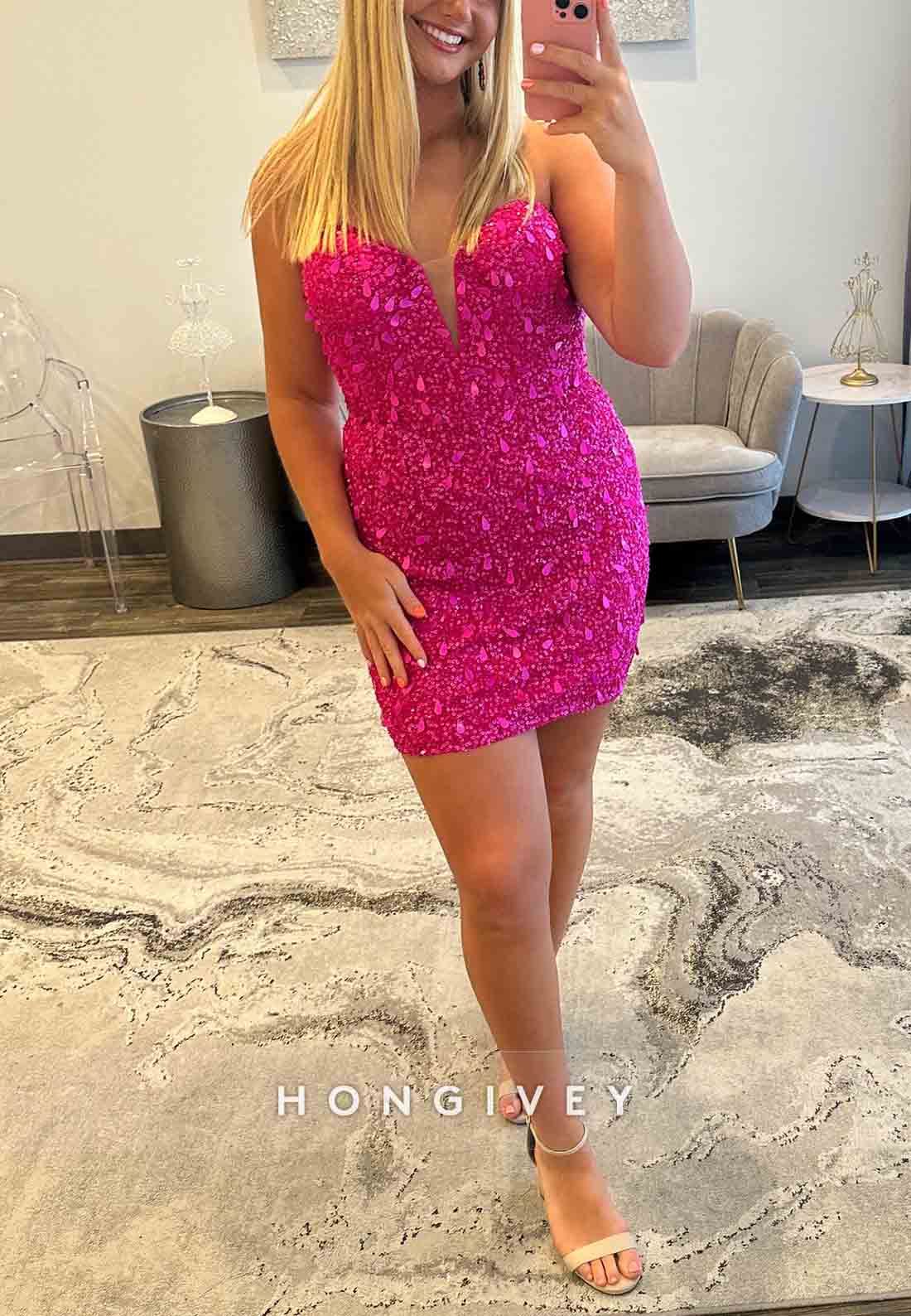 Sweetheart Column Sequined Strapless Sleeveless Beading Mini Homecoming Dresses