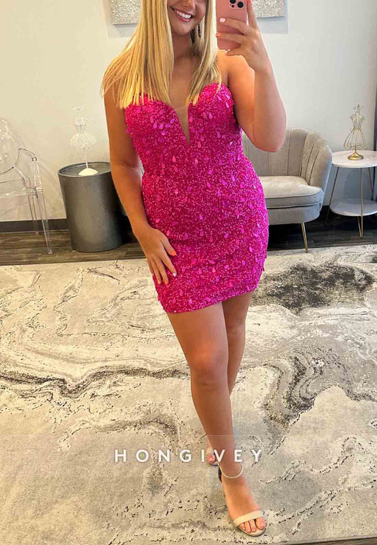 Sweetheart Column Sequined Strapless Sleeveless Beading Mini Homecoming Dresses