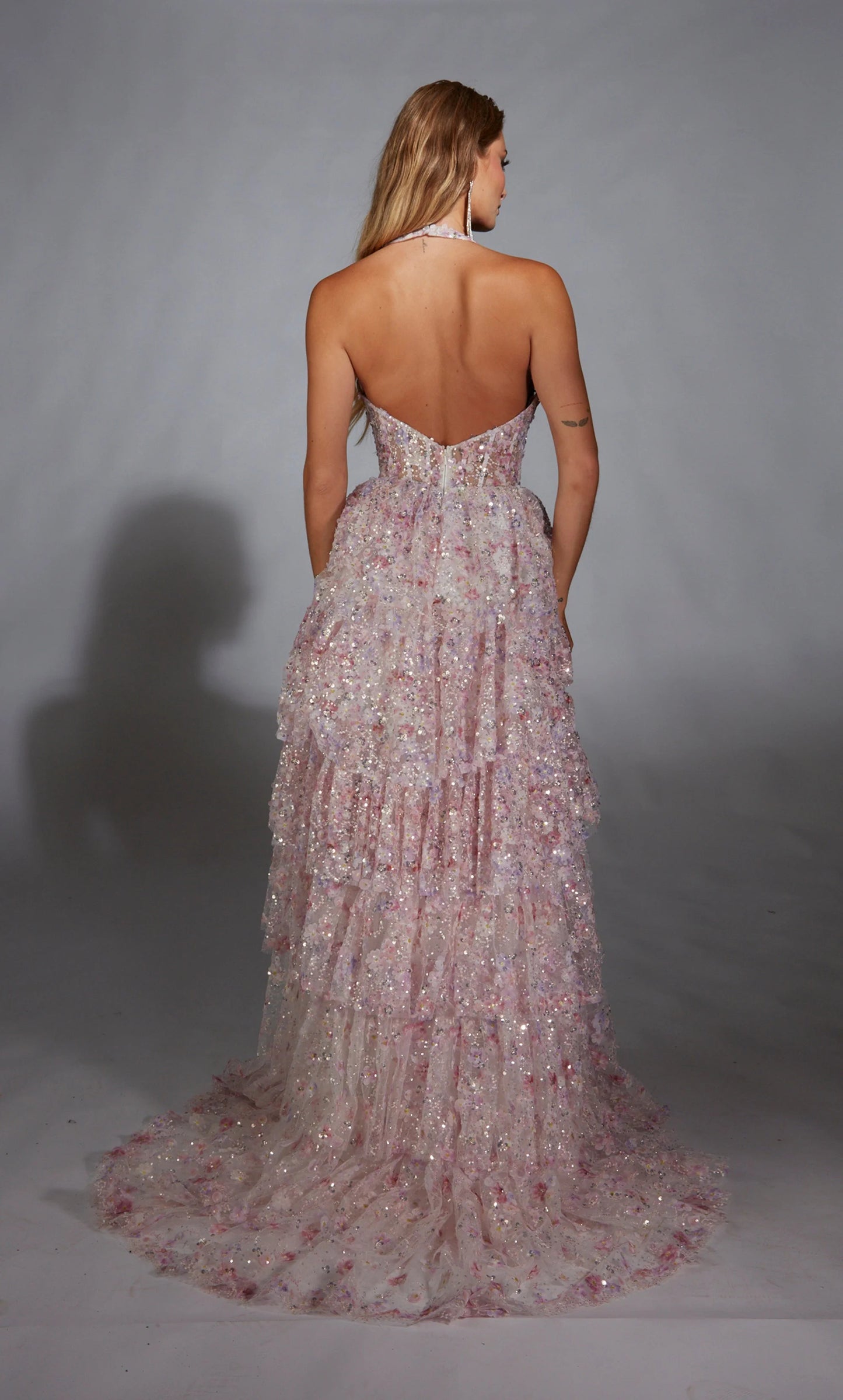 Luxury Halter Sleeveless Flowers Sequins Mermiad Tassel Side Slit Prom Dress