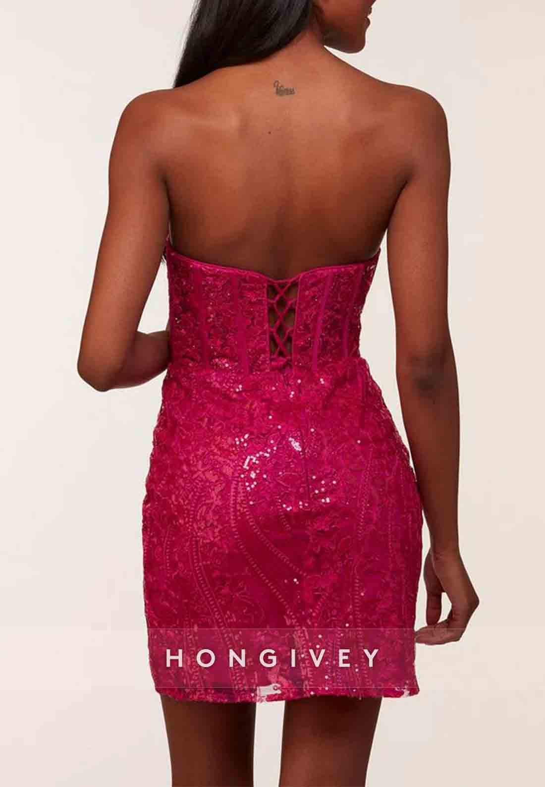 Strapless Glitter Flowers Sheath Short Homecoming Dress with Side Slit