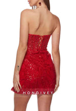 Strapless Glitter Flowers Sheath Short Homecoming Dress with Side Slit