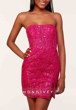 Strapless Glitter Flowers Sheath Short Homecoming Dress with Side Slit