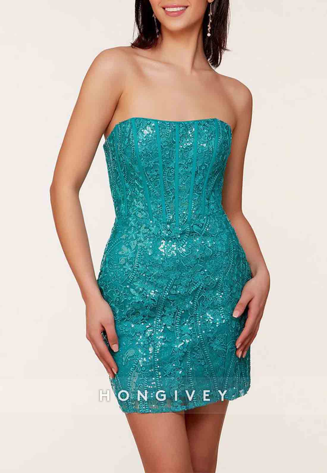 Strapless Glitter Flowers Sheath Short Homecoming Dress with Side Slit