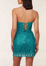 Strapless Glitter Flowers Sheath Short Homecoming Dress with Side Slit