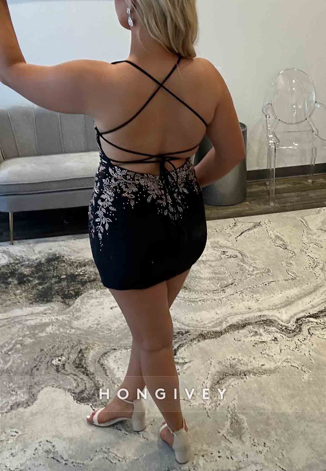 Halter Sheath Crisscross Back V-Neck Mini Homecoming Dress with Beading