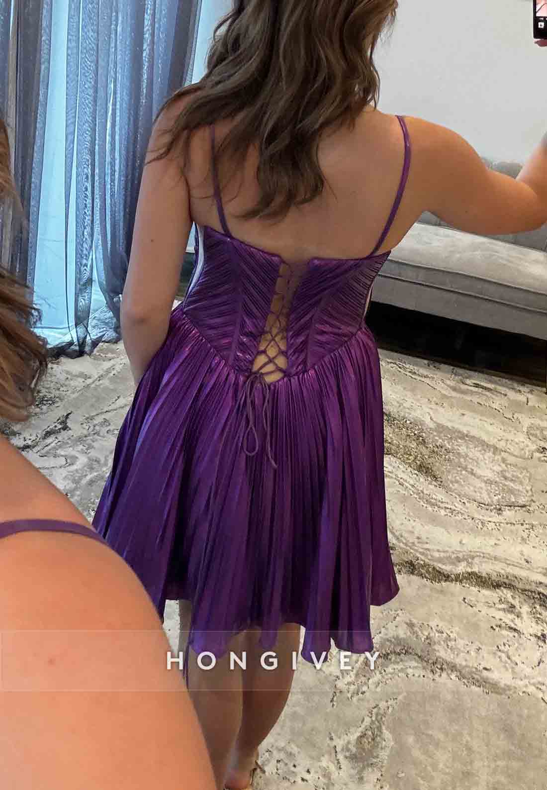 Purple Spaghetti Straps A-Line Tie Back Short Homecoming Dress with Ruffles