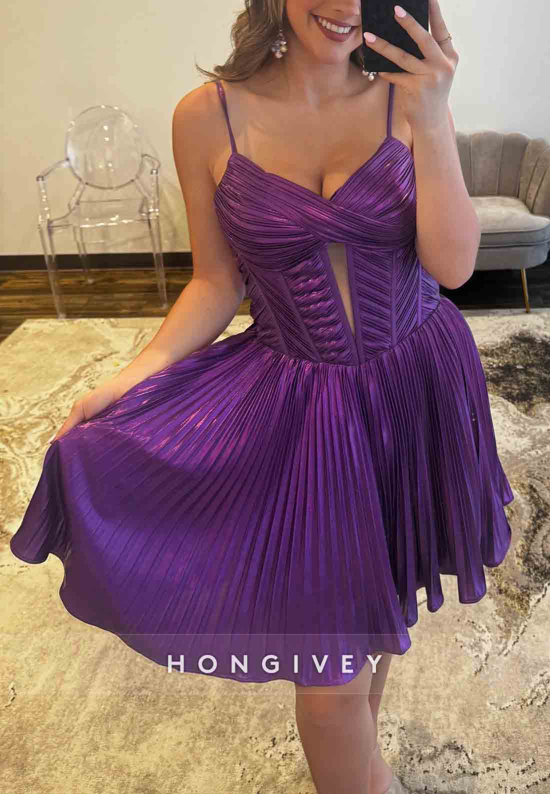 Purple Spaghetti Straps A-Line Tie Back Short Homecoming Dress with Ruffles