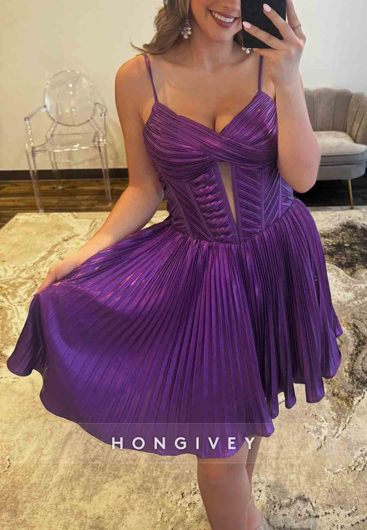 Purple Spaghetti Straps A-Line Tie Back Short Homecoming Dress with Ruffles