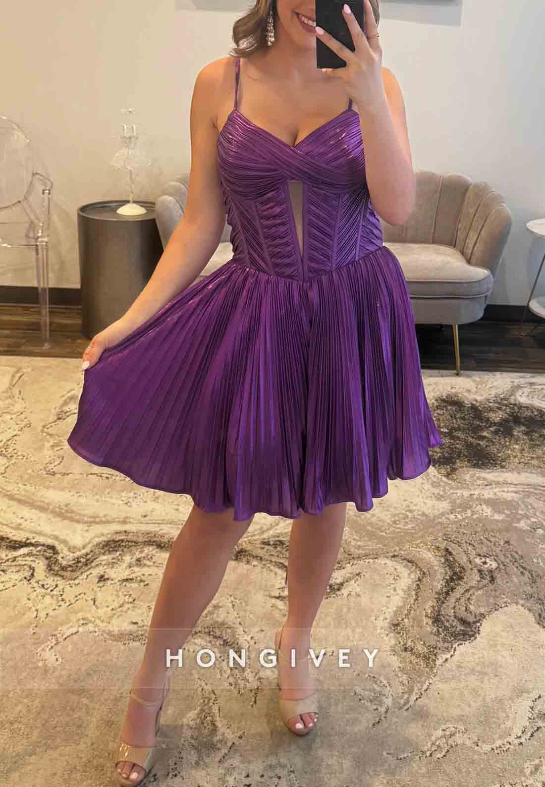Purple Spaghetti Straps A-Line Tie Back Short Homecoming Dress with Ruffles