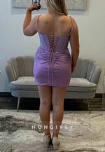 Spaghetti Straps Tie Back Sleeveless Pleated Sheath Flowers Mini Homecoming Dresses