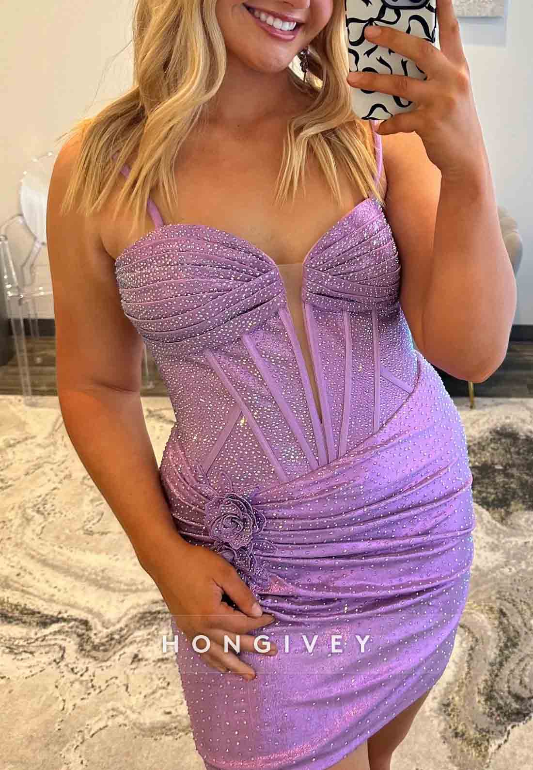 Spaghetti Straps Tie Back Sleeveless Pleated Sheath Flowers Mini Homecoming Dresses