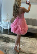Pink Spaghetti Straps Crisscross Back Organza Corset Short Homecoming Dress