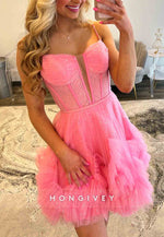 Pink Spaghetti Straps Crisscross Back Organza Corset Short Homecoming Dress