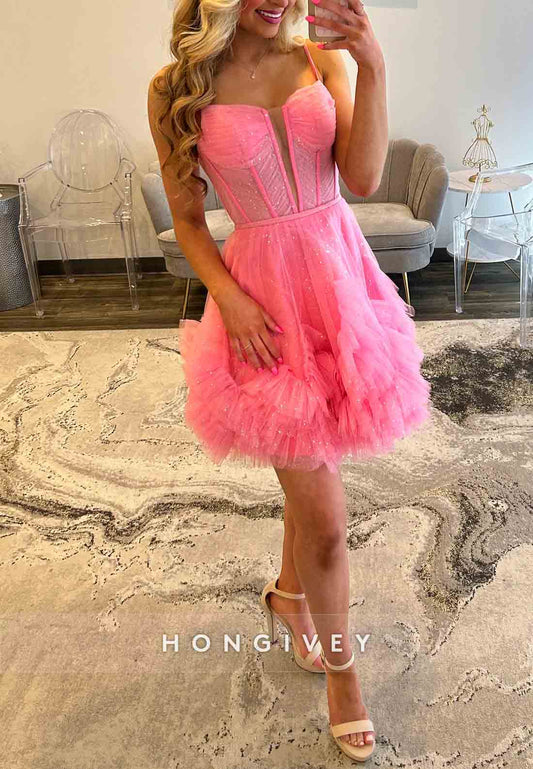 Pink Spaghetti Straps Crisscross Back Organza Corset Short Homecoming Dress
