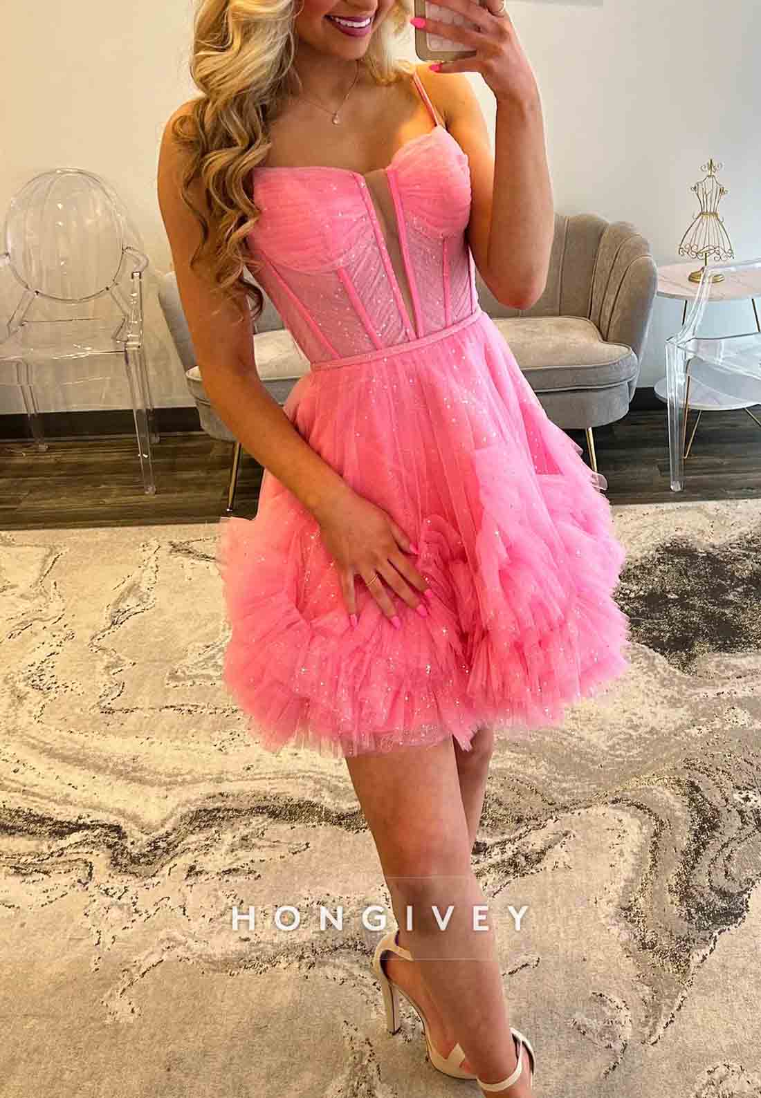 Pink Spaghetti Straps Crisscross Back Organza Corset Short Homecoming Dress