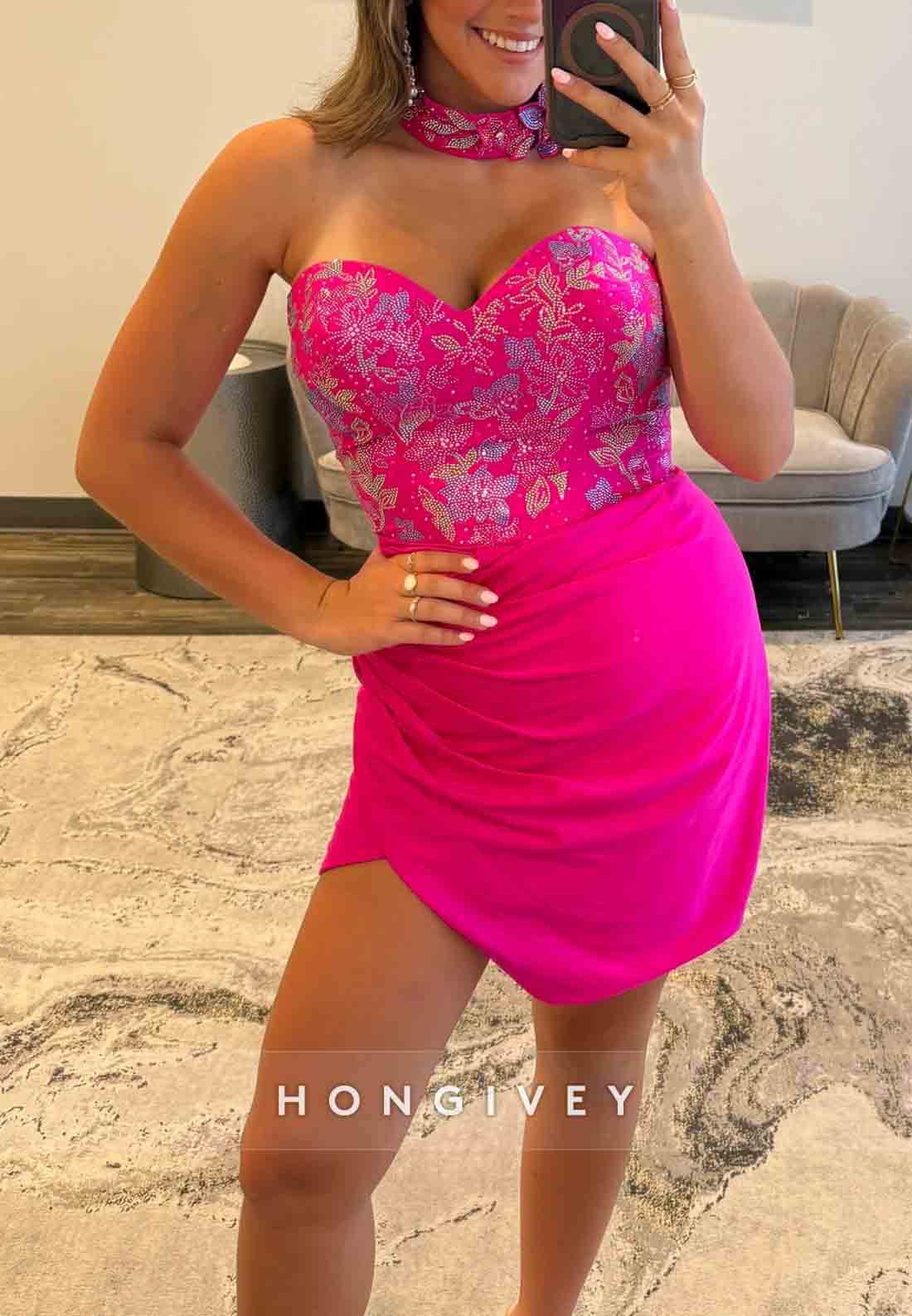 Halter Fuchsia Strapless Sweetheart Sheath Short Homecoming Dress with Beading