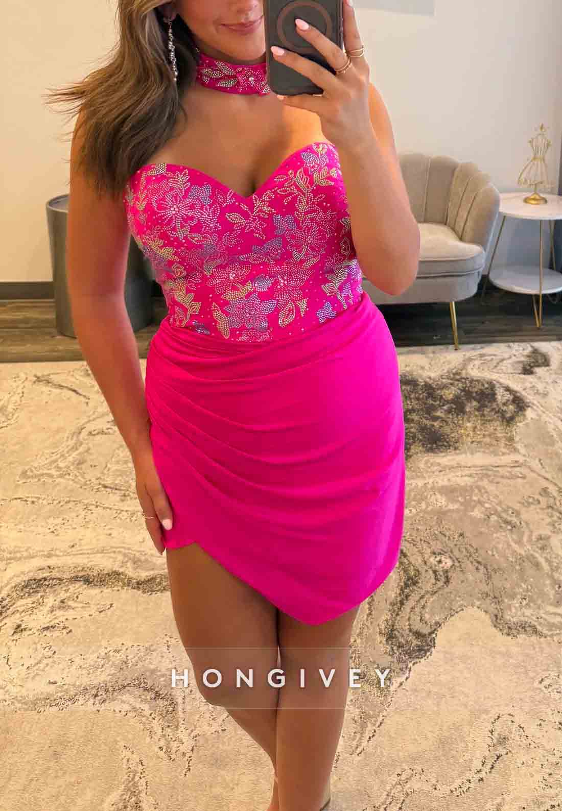 Halter Fuchsia Strapless Sweetheart Sheath Short Homecoming Dress with Beading