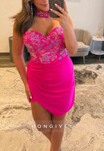 Halter Fuchsia Strapless Sweetheart Sheath Short Homecoming Dress with Beading
