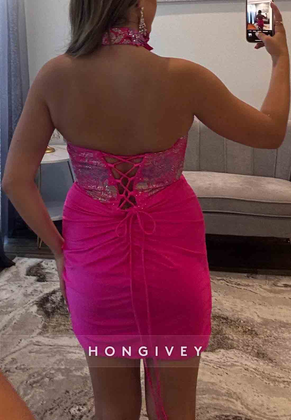 Halter Fuchsia Strapless Sweetheart Sheath Short Homecoming Dress with Beading